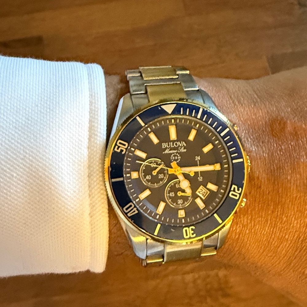 Bulova Gold and Blue Chronograph Bracelet Watch - Picture 7 of 11